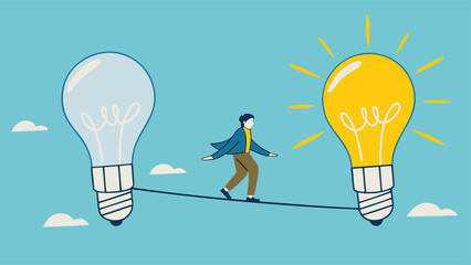 change business strategy illustration with concept of a businessman cross the rope from a dead light bulb to a burning light bulb, innovation in company management change to achieve good business   © Robin
