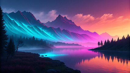 Vibrant neon light streaks illuminate majestic mountain peaks and a serene lake at dusk reflecting the surreal colorful sky and silhouetted pine trees
