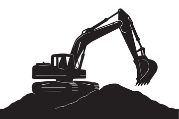 Monochrome vector silhouette featuring a powerful excavator transporting soil to a pile, symbolizing heavy machinery action on a construction project area.