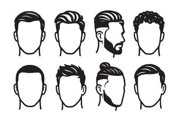 Vector minimalist composition displaying adult male heads with assorted haircuts, illustrated in black and white and accentuated with bold black outlines.