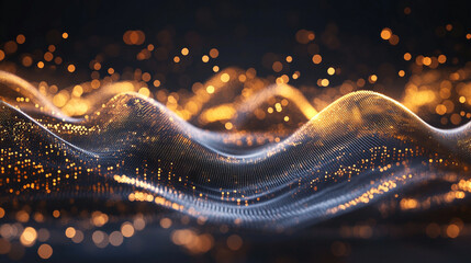 Abstract digital waves with white, gold, and silver reflections on a dark background, forming multicolor cinematic audio waveforms of moonlight particles, evoking AI and futuristic tech.