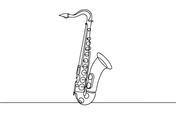 Vector one line drawing of a saxophone musical instrument, created in minimalist black and white style with elegant continuous black outline design.