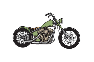 A detailed vector artwork showing a stylish chopper bike in green and black colors, representing power, adventure, and classic motorcycle aesthetics.