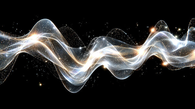 Abstract digital waves with white, gold, and silver reflections on a dark background, forming multicolor cinematic audio waveforms of moonlight particles, evoking AI and futuristic tech.