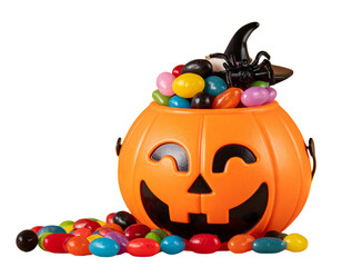 Smiling Jack-o’-Lantern Candy Bucket Overflowing with Jelly Beans and Halloween Glow – PNG