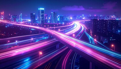 Complex highway interchange with colorful light trails, futuristic design style, night urban background, concept of modern transport infrastructure.