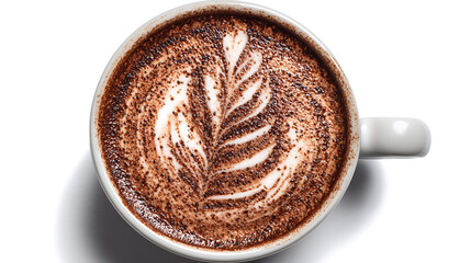 Top-down view of a white cup filled with frothy coffee, featuring a leaf latte art on crema