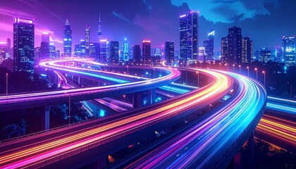 Fototapeta premium Complex highway interchange with colorful light trails, futuristic design style, night urban background, concept of modern transport infrastructure.