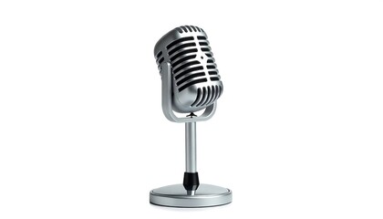 Fototapeta premium A vintage-style microphone stands prominently against a plain white background.