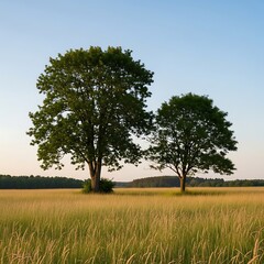Obraz premium Two trees stand tall in a golden field at sunset.