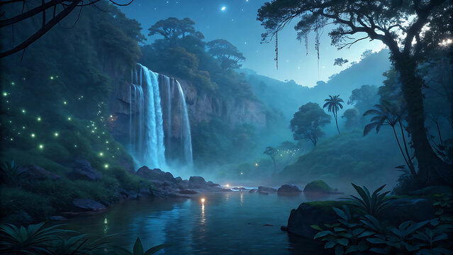 Enchanting mystical waterfall cascading into a serene jungle pool illuminated by ethereal blue light and glowing fairy lights creating a magical fantasy landscape - Powered by Adobe