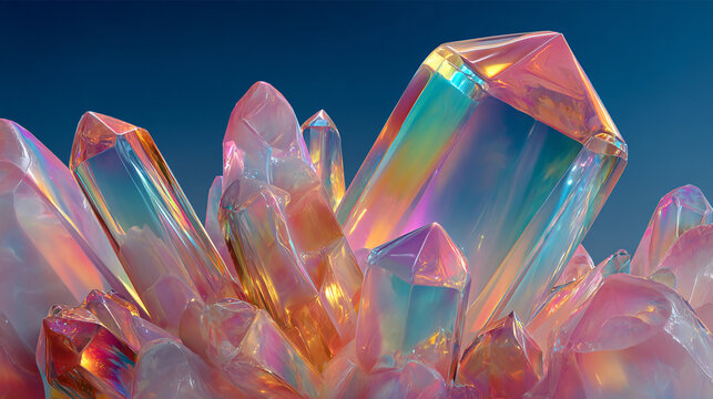 Abstract iridescent 3D shape resembling a colorful crystal, featuring reflective surfaces and vibrant hues, ideal for modern digital art, design backgrounds, and futuristic visuals.