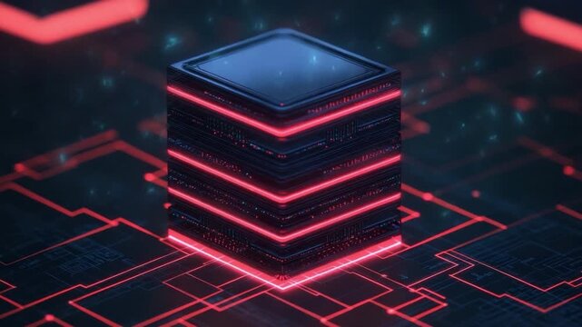 Futuristic server tower with glowing circuits and neon lights on a digital background representing technology and innovation 4k video footage