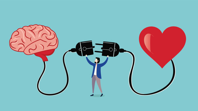 heart and brain connection, align your heart and brain, control feeling and emotion with logical thinking brain, man connect plug with heart to brain concept vector illustration with flat style design