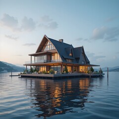 Floating building, Floating architecture, Floating house, Architecture of the future, on the water, AI Generative