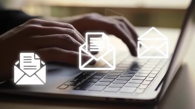 Close Up Silver Laptop with Hands Typing and White Email Icons Overlay