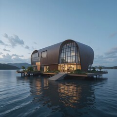 Floating building, Floating architecture, Floating house, Architecture of the future, on the water, AI Generative