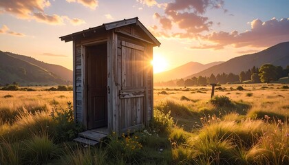 A rustic outhouse stands in a golden field at sunset, bathed in warm sunlight and casting a serene glow over the valley.