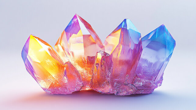 Abstract iridescent 3D shape resembling a colorful crystal, featuring reflective surfaces and vibrant hues, ideal for modern digital art, design backgrounds, and futuristic visuals.
