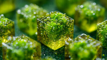 Close-up of transparent cellulose cubes over a green trellised abstract background, symbolizing sustainability, eco-friendly technology, molecular science, and innovation.