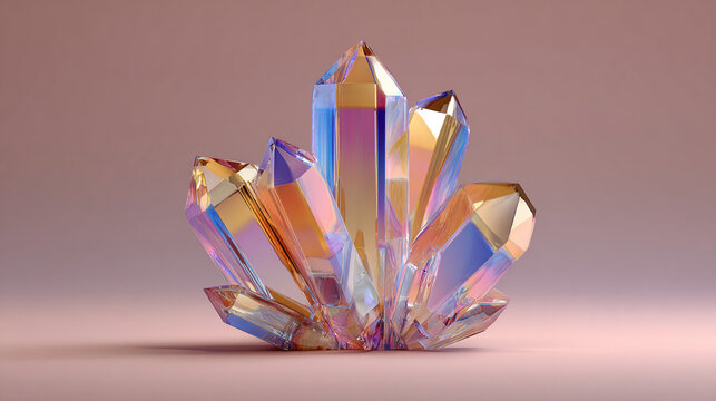 Abstract iridescent 3D shape resembling a colorful crystal, featuring reflective surfaces and vibrant hues, ideal for modern digital art, design backgrounds, and futuristic visuals.