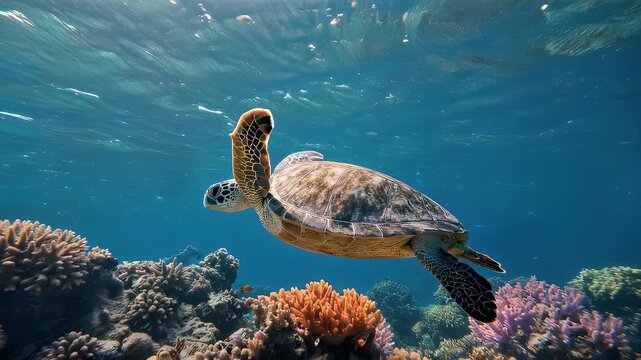 A sea turtle glides underwater, coral reefs below, captured from a low angle