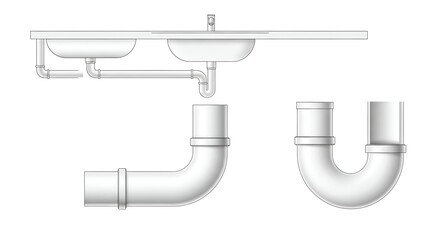 White Sink Plumbing System Illustration on Clean White Background