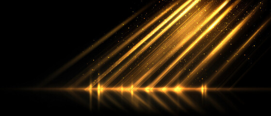 Warm golden light beams crossing diagonally on a black background with cinematic texture