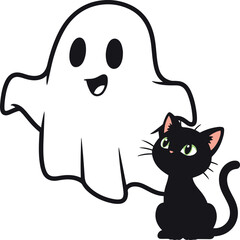 Cute cartoon white ghost happily interacting with a curious black cat with green eyes.