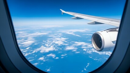 Airplane Wing and Engine View From Window Above Blue Sky Clouds