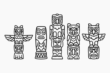 Tribal totem pole outline icon set. cultural tribal sculpture line art element design pack. Native wooden totem, Indigenous spirit pillar, Ethnic ceremonial totem, Native tattoo. Vector illustration