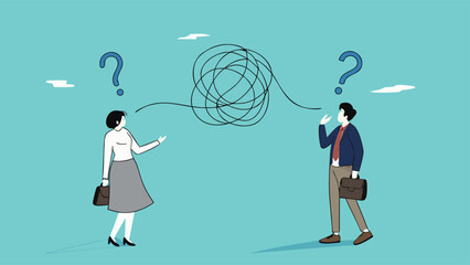 Communication problem or conflict opinion, misunderstanding or confusion, dissent or miscommunication concept, two confused work partners communicating with messy lines

