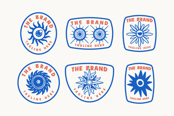 sun and eye abstract illustration retro badge logo set for creative brand. sunburst and compass symbol emblem design pack. sun, eye, sunburst, flower element design pack for decor and merchandise