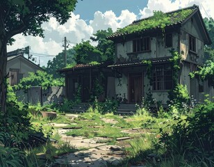 青空と朽ち果てた廃墟のボロボロの民家