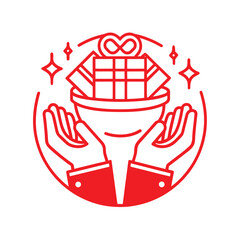 Red Line Art Icon of Hands Holding a Bowl with Gift Boxes and Sparkles on White Background Keywords: hands, holding, bowl, gift, box