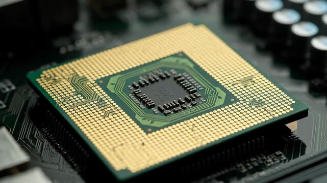 Detailed Macro View of a Golden Square CPU on a Dark Green Circuit Board