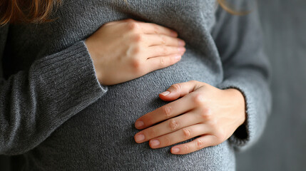 Close-up of a young pregnant Asian woman’s hands gently resting on her exposed belly, expressing love, connection, and anticipation of motherhood in soft natural light.
