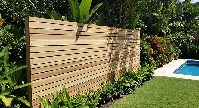 Modern garden design featuring a horizontal wood fence and lush foliage