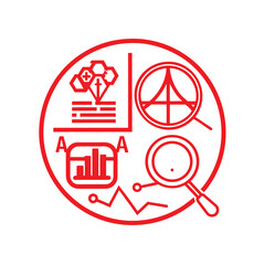 Red Line Art Icons Representing Research Analysis and Medical Data Visualization Keywords: research, analysis, medical, data