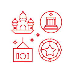 Fototapeta premium Red Line Art Icons of Buildings and Star Symbols on White Background architecture castle