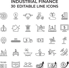 Collection of industrial finance editable line icons illustrating business, manufacturing, investment, and economy concepts for presentations, infographics, reports, and digital marketing use.