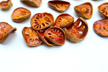 Dried bael slices used for herbal tea.