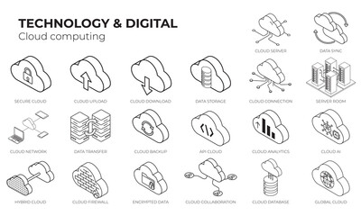 Isometric Cloud Computing Icon Set. 20 Minimal Outline Vector Symbols for Digital Technology, Network, and Data Management