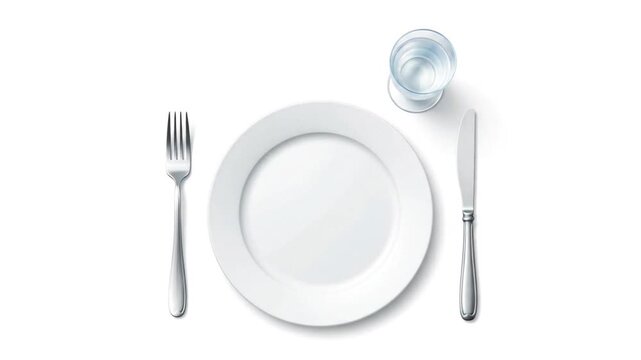 Elegant Table Setting: Plate, Cutlery, Glass on White Background