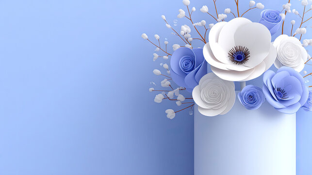 Elegant Floral Arrangement of White and Blue Anemones on Light Blue Background