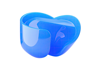 Glossy, abstract, blue, 3D shape with curved edges and a grid reflection