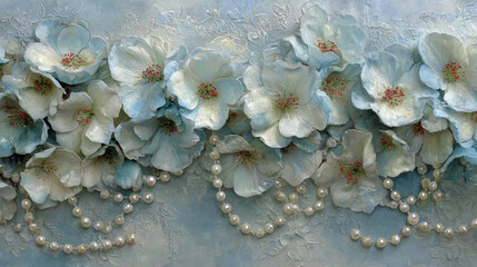 Elegant floral arrangement with pearls on a light blue textured background