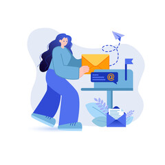 Woman with Long Dark Hair Wearing a Blue Sweater and Blue Pants Holding a Yellow Envelope Near a Mailbox with a Paper Airplane Flying Above in a Light Blue and White Background