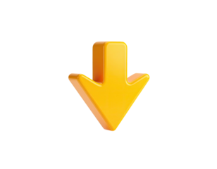 A vibrant, 3D orange arrow points downwards against a black background