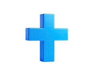 A 3D rendering of a blue plus sign, isolated on a stark black background